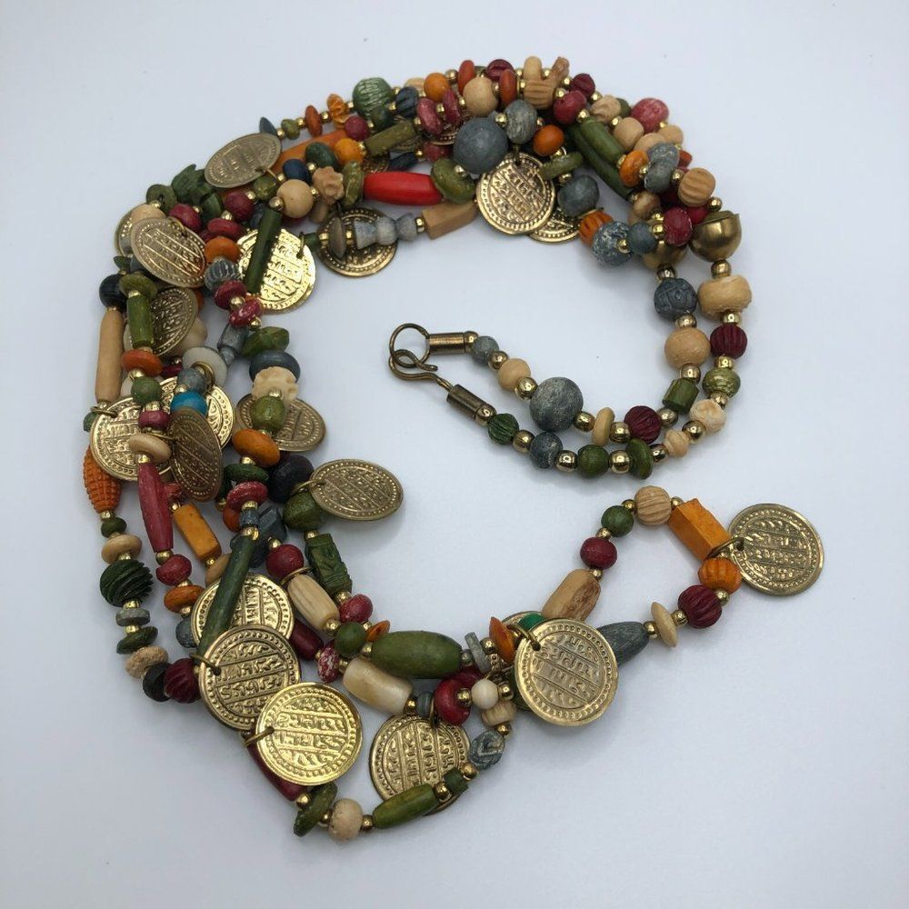 Vintage Gold Coin Wood Bead Multicolor Three Strand Statement Necklace - Picture 4 of 5